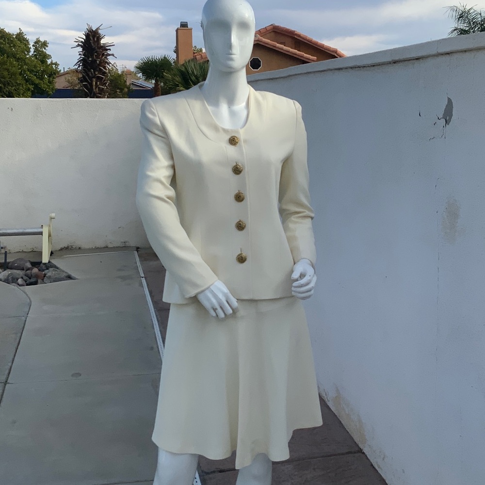 Chic Cream Skirt Suit with Gold Accents
